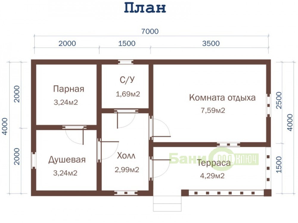 Баня из бруса 7х4 с террасой