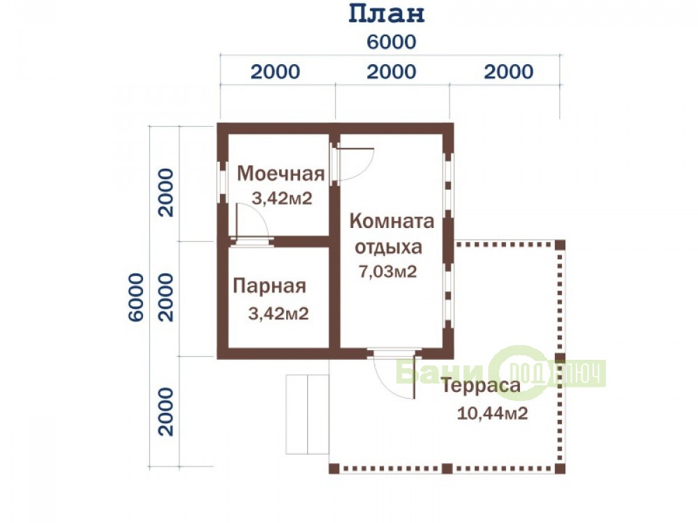 Баня из бруса 6х6 с террасой
