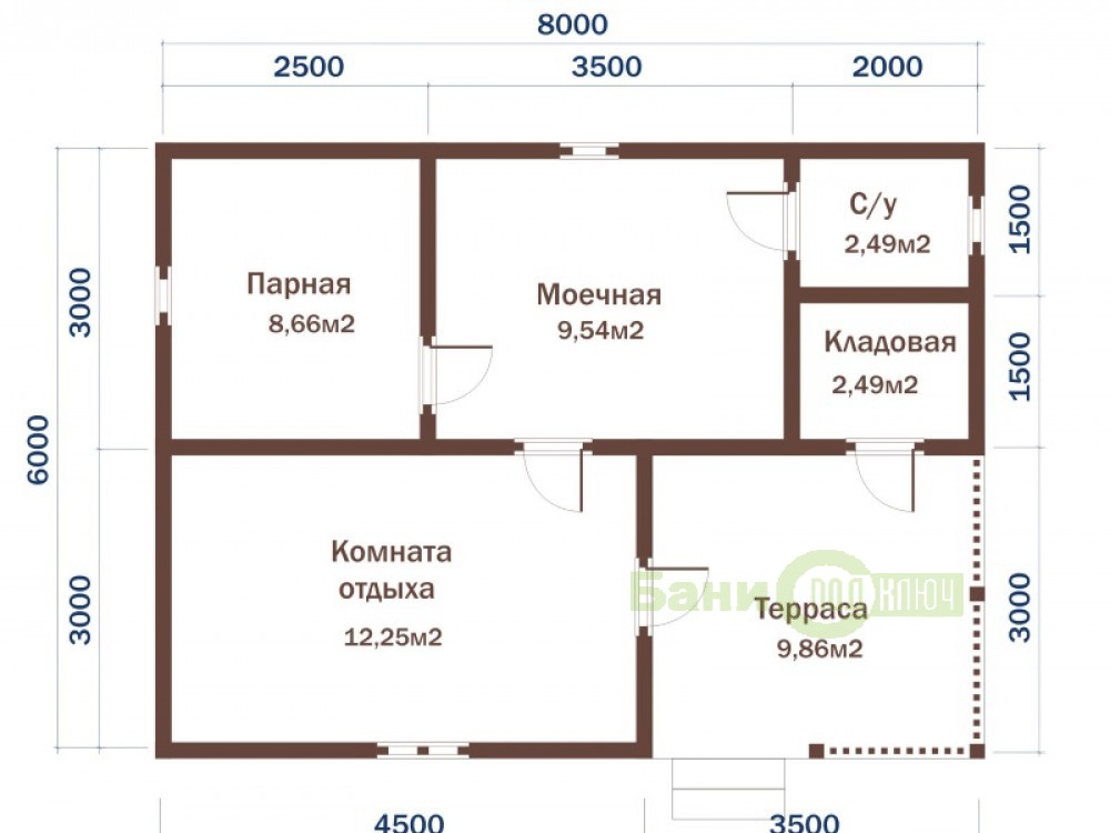 Баня из бруса 6х8 с террасой