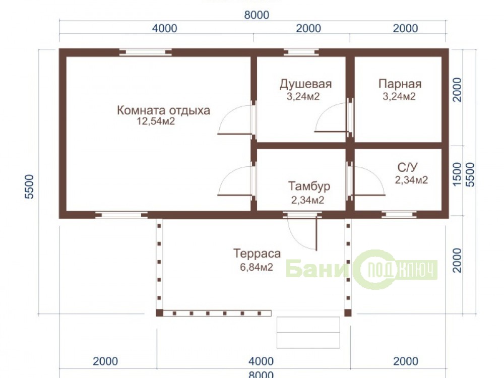 Баня из бруса 5,5х8 с тамбуром