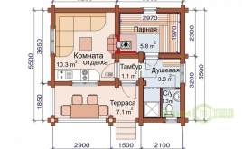 Баня 5,5х6,5 из оцилиндрованного бревна